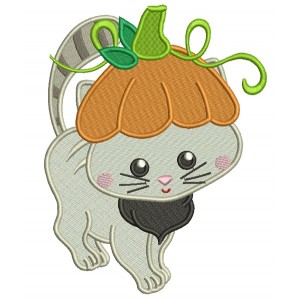 Little Kitten Wearing Pumpkin Hat Thanksgiving Filled Machine Embroidery Design Digitized Pattern